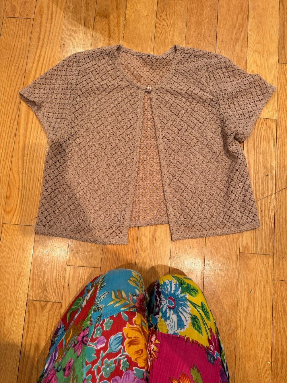 Vintage Taupe Open Knit Crochet Cardigan | Single Button Boho Beach Cover Up | - Picture 2 of 7